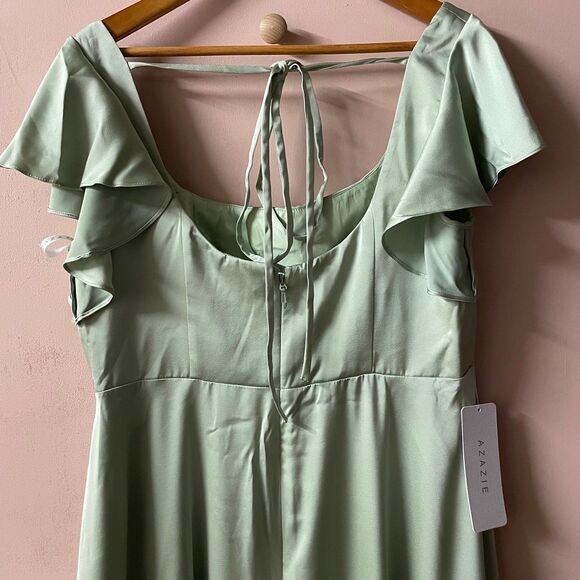 Azazie Dusty Sage A-Line Satin Maxi Dress NWT Size A16 - Picture 6 of 12